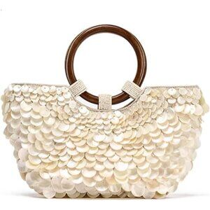 ZARA Women’s Faux Mother-of-Pearl Appliqué Bag Purse W/Wood Handles, Gold Chain